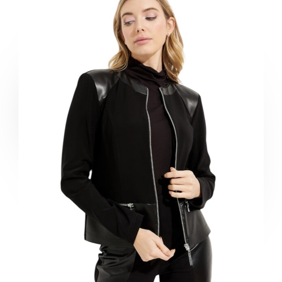 JOSEPH RIBKOFF Zip Detail Faux Leather Trim Jacket Blazer Black Size 10 - Picture 1 of 16
